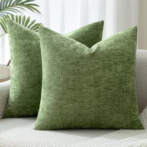 8419 Pack of 2 Moss Green Pillow Covers 16x16 Inch Soft Chenille Couch
